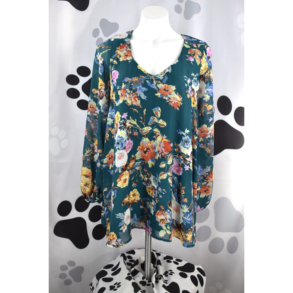 Show Me Your Mumu Long Sleeve Scoop V Neck Floral Print Mini Dress Tunic Green M
